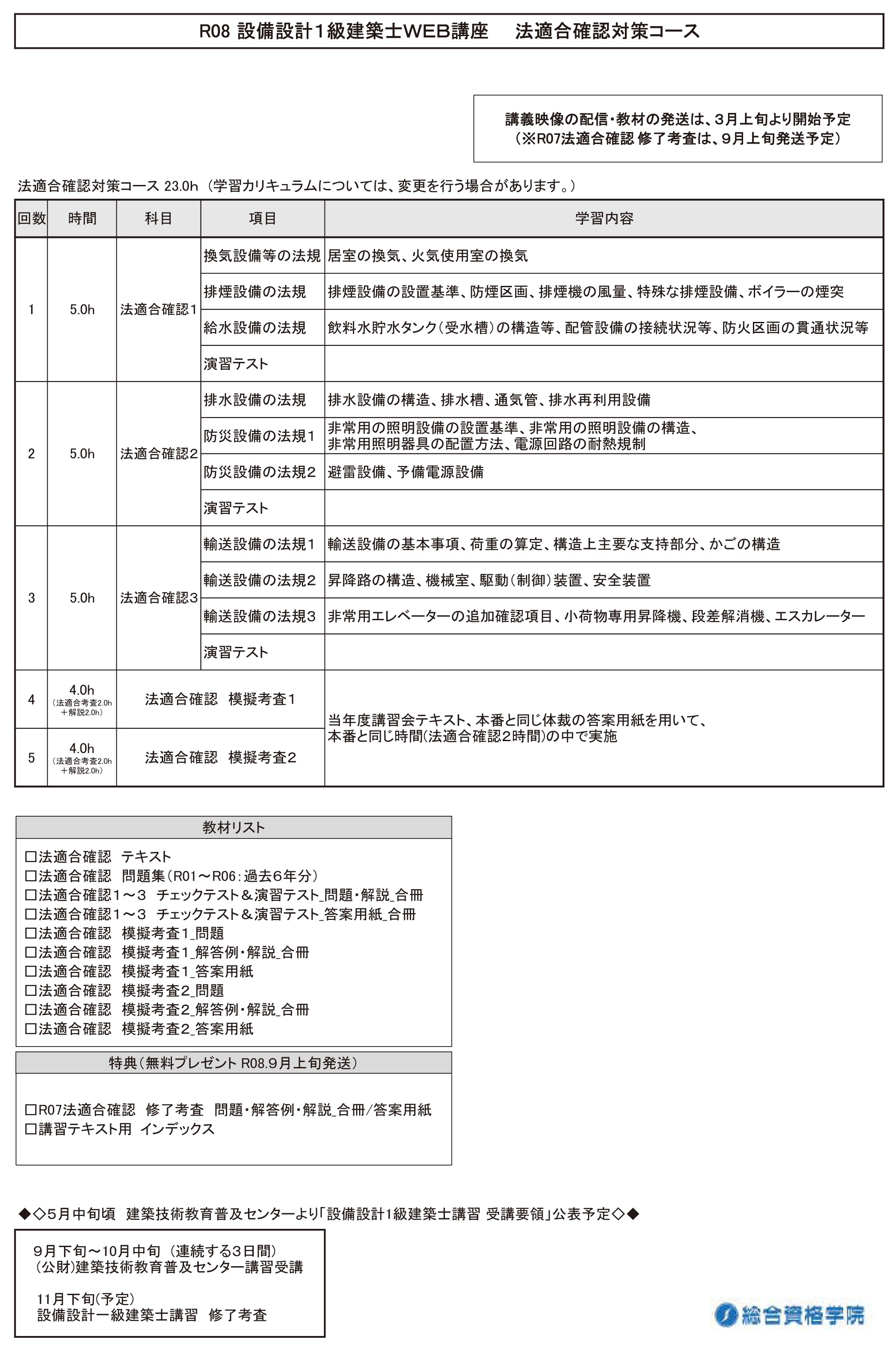 講座内容_設備設計１級建築士ＷＥＢ講座　法適合確認対策コース