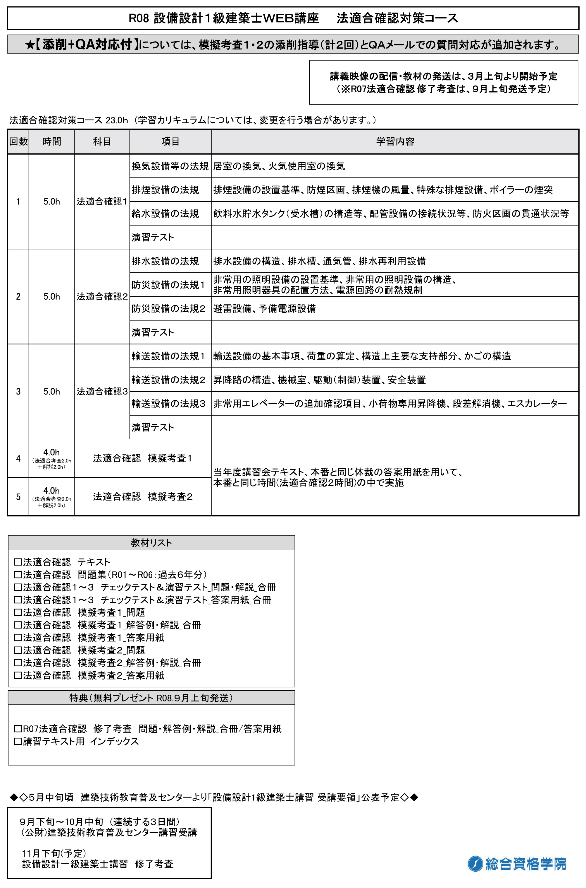講座内容_設備設計１級建築士ＷＥＢ講座　法適合確認対策コース(添削+ＱＡ対応付)